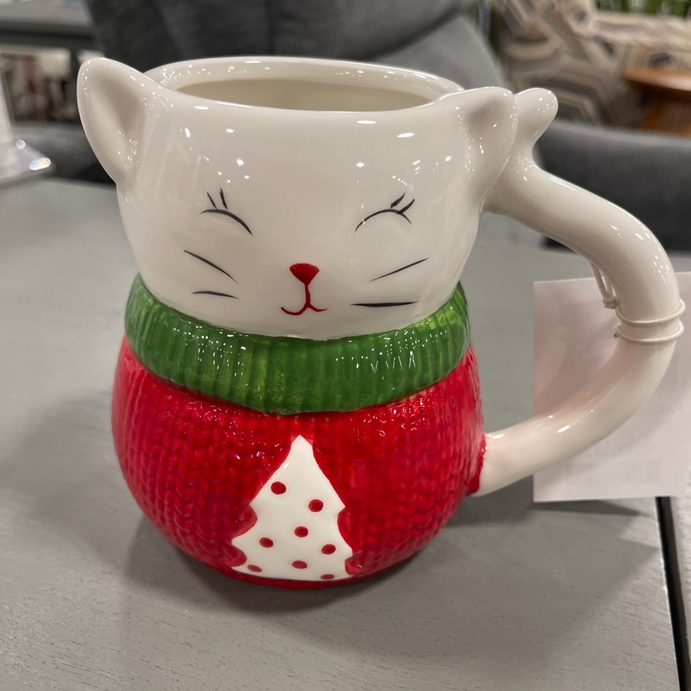 Christmas Cat Cupcakes & Cashmere White Cat in Sweater Figural Ceramic Mug NWT